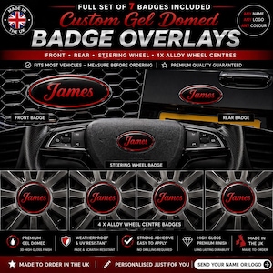 Custom Car Badge Overlay Full Set 7pcs, Domed Gel Badge Kit, Wheel Centre Caps & Steering Wheel Badge, Personalised Name or Logo Car Emblem