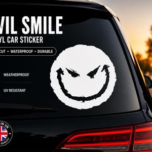 Pegatina para coche con sonrisa malvada / Vinilo adhesivo con cara sonriente divertida / Pegatina impermeable para la ventana trasera / Accesorio para coches JDM Drift (Reino Unido)