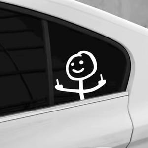 Rolig streckfigur-bildekal med långfinger | Humoristisk bilrutavinyl | Rude Stickman-bildekal | Bakruta-bildekal