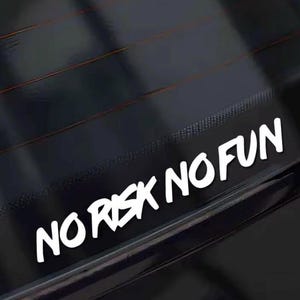 以下が含まれることがあります： 大胆な手書き風の「NO RISK NO FUN」という言葉が書かれた白いビニールステッカー。ステッカーは、おそらく車の窓である暗く光沢のある表面に貼られており、デフロスターラインが見えます。