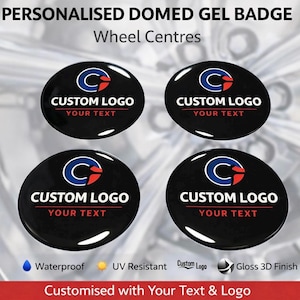 May include: Four black domed gel badges with a glossy 3D finish. Each badge features a custom logo design with the text "CUSTOM LOGO" and "YOUR TEXT" in white. The badges are waterproof and UV resistant.
