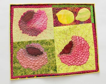 Raspberries and lemons wall quilt, pink and green fruits textile art