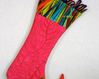 Quilted Christmas stocking, Pink taffeta and cotton print stocking