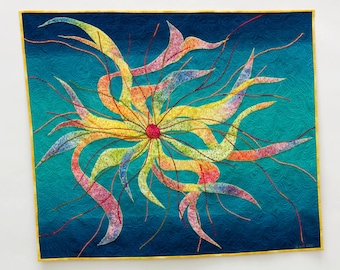 Yellow, pink and blue beaded art quilt, hand dyed textile art