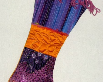 Quilted Christmas Stocking, Purple and Gold Stocking, Peacock Print Stocking, Holiday Gift