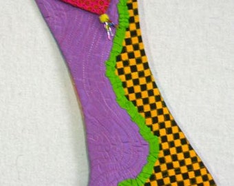 Quilted Christmas stocking, Yellow/black checks and purple stocking