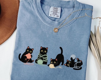Playful Cat Shirt, Yarn Lover Knitting Tee, Funny Cat Knitter Gift, Crochet Cat Sweatshirt, Whimsical Cat Lover Tee