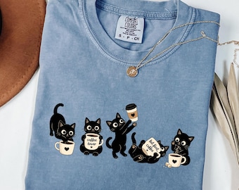Cat Lover Shirt, Black Cat Coffee Lover Gift, But First Coffee Tee