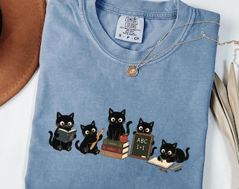 Black Cat Teacher Shirt, Cute Back to School Tee, Book Lover Librarian Gift, Reading Teacher Cat Shirt, Cat Mom Sweatshirt
