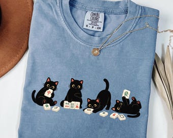 Black Cat Mahjong Shirt, Feline Gamer Tee, Cozy Game Night Apparel
