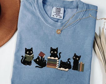 Cat Lover Shirt, Black Cats Reading Books, Bookworm Gift Tee