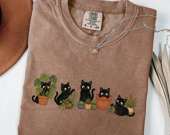 Cats and Plants Shirt, Black Cat Plant Lover Tee, Plant Mom Gift, Cute Botanical Cat Shirt, Gardener Sweatshirt