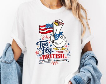 Too Fly to Be British Graphic T-Shirt — Patriotic Duck Illustration Tee
