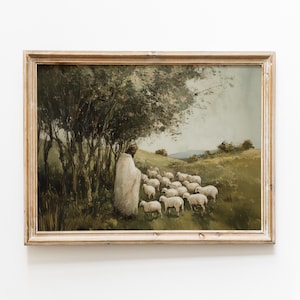 Cristo con ovejas bajo el árbol / El Buen Pastor Artworl / Arte paisajístico de Jesús / Impresiones digitales de Cristo / Arte religioso / Pintura cristiana
