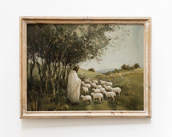 Christ with Sheep under Tree | The Good Shepherd Artworl | Jesus Landscape Art | Christ Digital Prints | Religious Art | Christian Painting