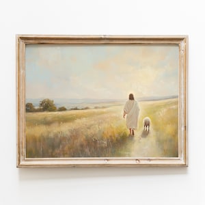 Cristo caminando por el camino con cordero en el campo Arte digital / El Buen Pastor / Pintura de Jesús Arte mural / Arte paisajístico de Jesús / Cristo con ovejas