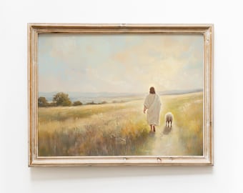 Christ walking path with lamb in field Digital Art | The Good Shepherd | Jesus Painting Wall Art | Jesus Landscape Art | Christ with Sheep