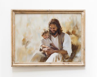 赤ちゃんを抱くキリストの絵画 | イエスと赤ちゃんの壁アート | イエスと子供のアート | キリストのデジタルプリント | 宗教的な壁アート |