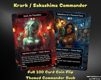 May include: Two illustrated trading cards featuring Krark, the Thumbless and Sakashima of a Thousand Faces. Krark is a green and red goblin wizard with a coin in her hand. Sakashima is a blue and white human rogue holding a mask. The cards are from a 100 card coin flip themed commander deck.