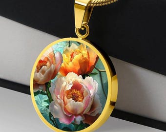 Peony Flower Pendant Necklace, May Birth Flower Jewelry, Mother’s Day Gift for Her, Engraved Floral Charm, Garden Lover Gift