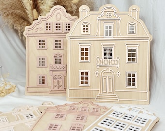 Nursery Decor Wooden Acrylic Play Dollhouse, Boho Nursery Decor, Dollhouse Wall Decor, Amsterdam Houses, Baby Room Decor, Wooden Kids Gift