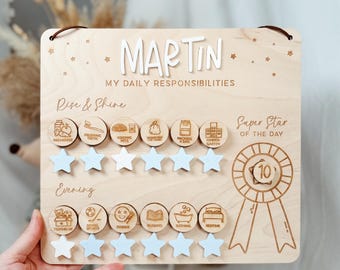 Chore Chart For Kids, Wooden Daily Responsibilities Chart, Visual Schedule Board, Personalized Daily Routines, Day Night Routine Chart