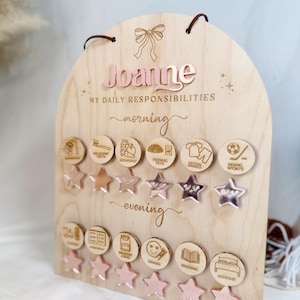 May include: A wooden chart with the name "Joanne" at the top. The chart is divided into two sections: "morning" and "evening". Each section has a series of circular icons with text, such as "brushing teeth", "breakfast", "feeding pets", "getting dressed", "doing sports", "packing a bag", "dinner", "reading", and "bedtime". There are also gold stars below each icon.