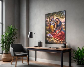 Radha Krishna Art Print - Vrindavan Madhur Moment digital Download - Spiritual Download - Wall decor - Peaceful serenity - Indian festive