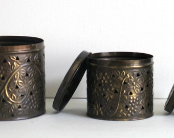 Canisters Metal Set of Three Lidded Canisters Keepsakes Scent Defusers