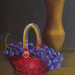 Trauben Original Öl, Stillleben Gemälde, Wanddekor, Öl auf Leinwand, 14&quot; x 11&quot; &#39;Vintage Messing und Glas&#39; von F.L.Pineda