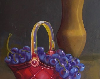 Grapes Original Oil, Still Life Painting, Wall Decor, Oil on Canvas, 14" x 11" 'Vintage Brass and Glass' by F.L.Pineda