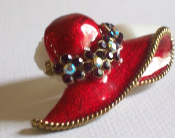 Brooch Red Hat, Red Hat Pin, Enameled Pin Vintage Pin