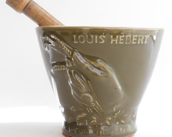 Ceramic Motar and Pestle with Wooden Pestle 1996 Louis Hebert Herbalist Extraordinaire