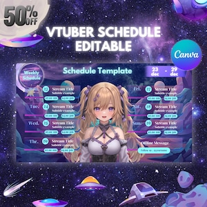 以下が含まれることがあります： 紫と青の宇宙をテーマにしたVTuberスケジュールテンプレートで、中央にアニメの女の子が描かれています。テンプレートには、週ごとのスケジュールがあり、曜日、日付、ストリーミングの時間などが記載されています。テンプレートの上部には「Schedule Template」というテキストがあります。テンプレートの右上には「23 dec - 29 dec」というテキストがあります。テンプレートの左上には「Weekly Schedule」というテキストがあります。テンプレートの下部には「Offline Message」というテキストがあります。テンプレートの下部には「Follow us: @yourname」というテキストがあります。