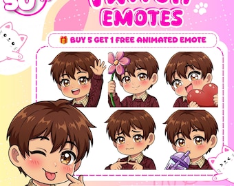 May include: A digital collection of six anime-style character emotes featuring a person with brown hair wearing a maroon cable-knit sweater over a plaid shirt. The text reads TWITCH EMOTES, DISCOUNT 50%, BUY 5 GET 1 FREE ANIMATED EMOTE, and Size: 112px, 56px, 28px.