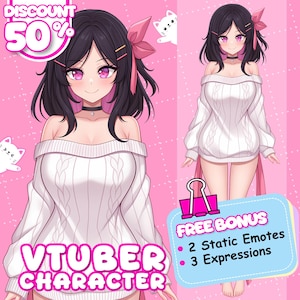 May include: Digital illustration of a VTuber character with black hair, pink eyes, and a white off-the-shoulder sweater. The image includes text that says "VTUBER CHARACTER" and "FREE BONUS". A pink background with cat illustrations completes the design.