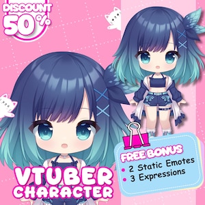 以下が含まれることがあります： 青と水色の髪、大きな青い目、お揃いの衣装のVTuberキャラクターのイラスト。画像には「VTUBER CHARACTER」と「FREE BONUS」の文字と、静的絵文字と表現に関する詳細が含まれています。50％割引タグが付いたピンク色の背景。