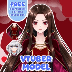 May include: A digital illustration of a VTuber model featuring a character with long brown hair, red eyes, and small fangs, wearing a dark red and black outfit with a gold chain. The image includes text reading FREE 3 EXPRESSION 2 EMOTES SOURCE FILE.