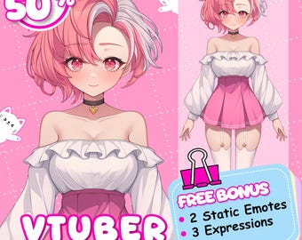 May include: A pink and white VTuber character design with a discount banner. The character has pink hair, red eyes, and wears a white off-the-shoulder top and pink skirt. The image includes text that says "VTUBER CHARACTER" and "FREE BONUS".