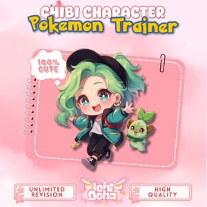 Pokémon Trainer OC Kunst | Benutzerdefinierte Chibi Anime Stil | Niedlicher Charakter Auftrag