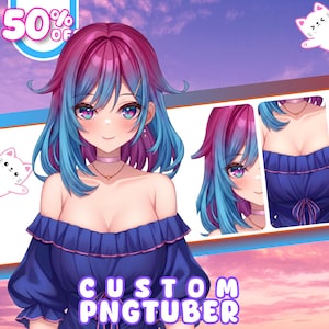 Op de afbeelding: Digitale kunst van een anime-achtig vrouwelijk personage met blauw en roze haar, gekleed in een blauwe off-the-shoulder jurk. De afbeelding bevat de tekst "CUSTOM PNGTUBER" en een "50% OFF" banner. Het personage heeft grote ogen en een choker.