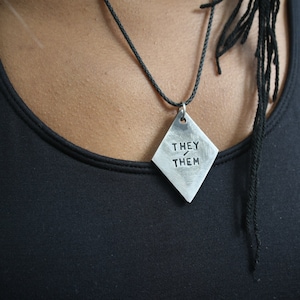 PRONOUNS - Solid Steel Industrial Styled Queer LGBT Identity Tag Pendant or Necklace – They/Them, She/Her, He/Him, Xe/Xer