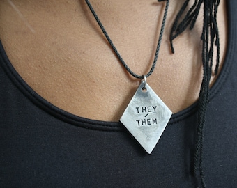 PRONOUNS - Solid Steel Industrial Styled Queer LGBT Identity Tag Pendant or Necklace – They/Them, She/Her, He/Him, Xe/Xer