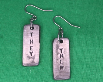 Pronouns Earrings - Solid Steel Queer Jewellery, LGBT Earrings, for Queer, Trans, Genderqueer People– They/Them, She/Her, etc.