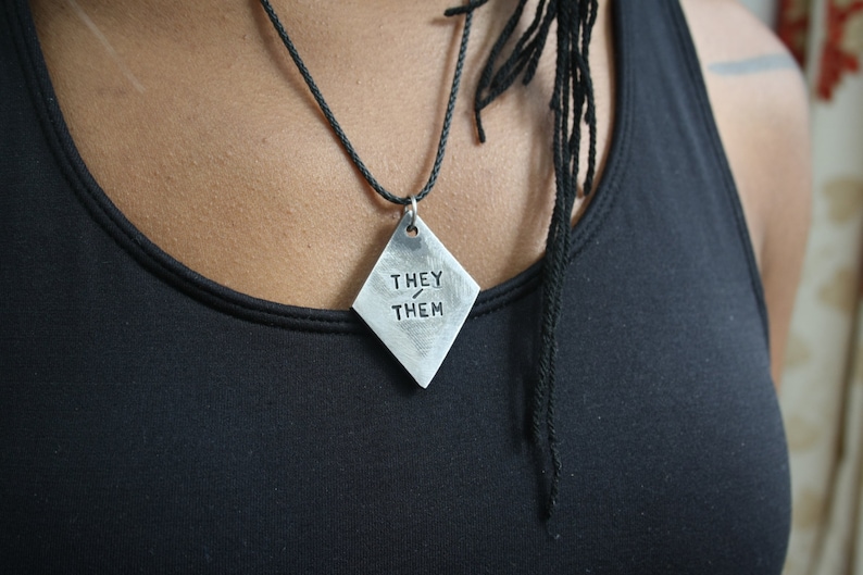 PRONOUNS Solid Steel Industrial Styled Queer LGBT Identity Tag Pendant or Necklace They/Them, She/Her, He/Him, Xe/Xer image 1