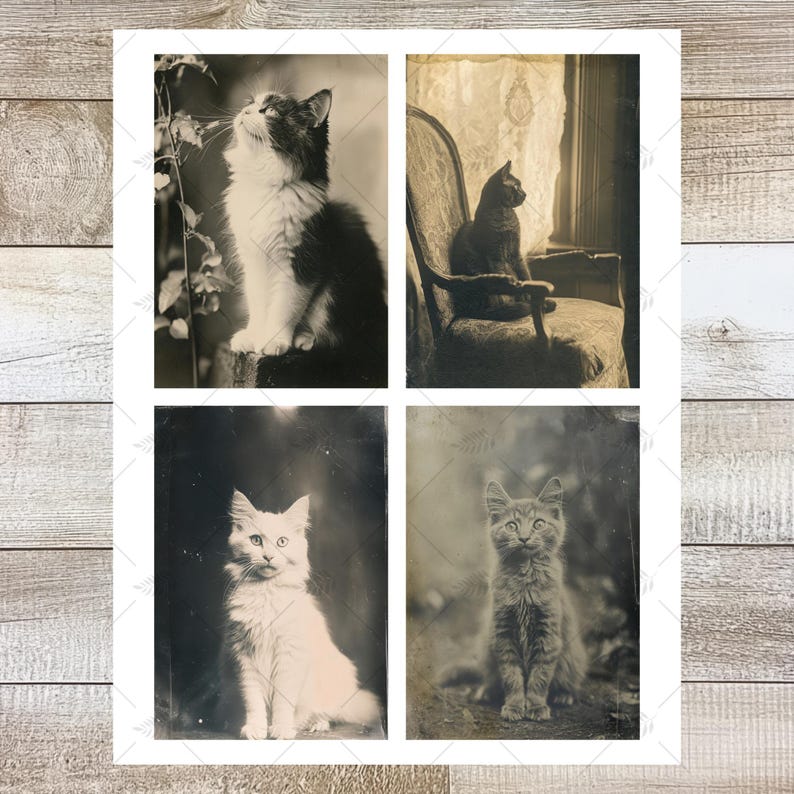 K&ouml;nnte beinhalten: Ein Vintage-Druck mit vier Sepia-Fotografien von Katzen. Die Bilder zeigen Katzen in verschiedenen Posen, darunter eine, die an einer Pflanze schnuppert, eine andere, die auf einem Stuhl sitzt, und zwei weitere, die den Betrachter ansehen. Der Druck hat eine rustikale, antike &Auml;sthetik.