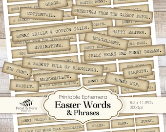 May include: Printable Easter words and phrases digital clipart set.  The set includes 20 images with phrases like "Hopped up on Easter Candy", "Bunny Trails & Cotton Tails", "Egg Hunt", "Jelly Beans and Bunny Dreams", "Springtime", and "I Love You More Than Chocolate".