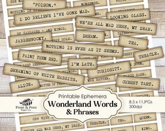 Alice in Wonderland Junk Journal Words | Ephemera | Scrapbook Quote | Vintage Sentiments | Collage Stickers | Printable Digital Download