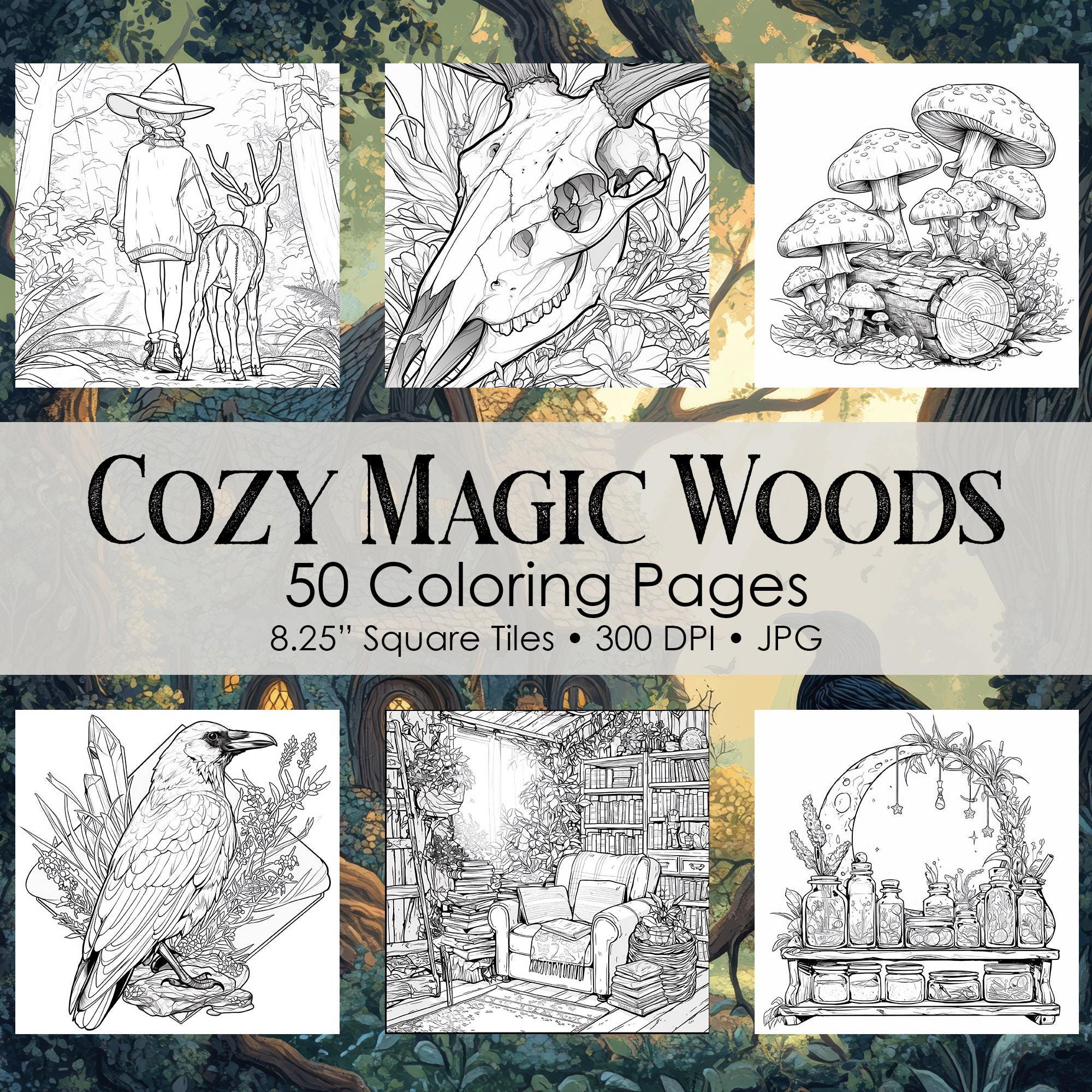 Páginas de colorear Bosque Mágico Acogedor – Libro para colorear brujita Goblincore para adultos | Cristales, hongos, pociones | Descarga digital imprimible