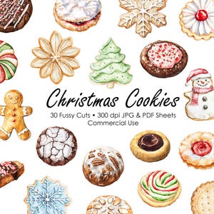 May include: A set of 30 watercolor illustrations of Christmas cookies. The cookies are decorated with various designs, including snowflakes, candy canes, gingerbread men, and Christmas trees. The illustrations are perfect for use in digital scrapbooking, card making, and other craft projects.